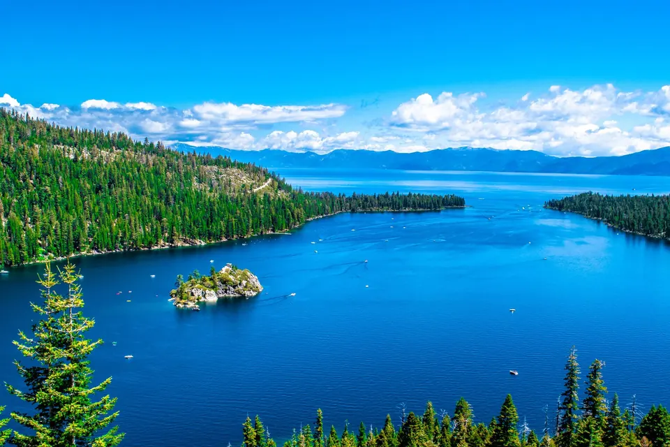 Emerald Bay and Fannette Island on Lake Tahoe on a bright summer day